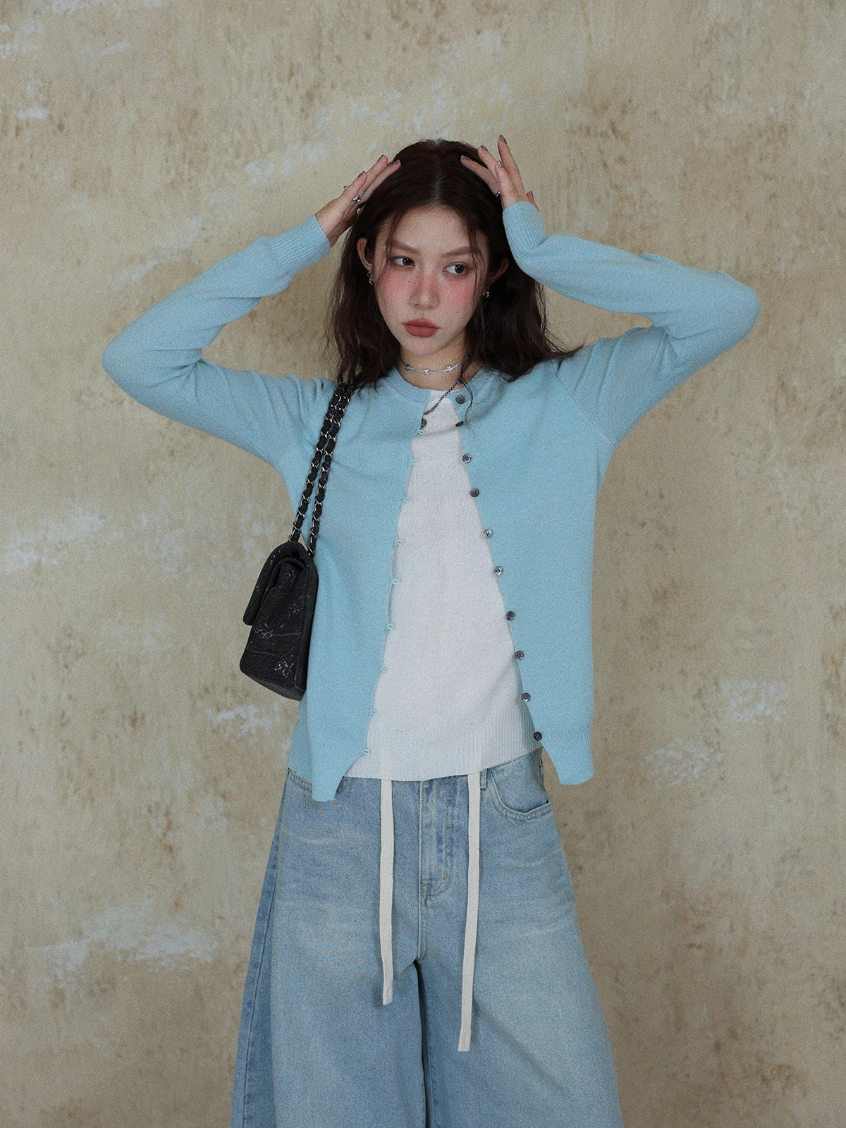 

Ретро-кардиган Slim Fit с круглым вырезом, вязаный, женский, универсальный, весенний, модный, с эффектом двухслойности, с длинными рукавами, укороченный