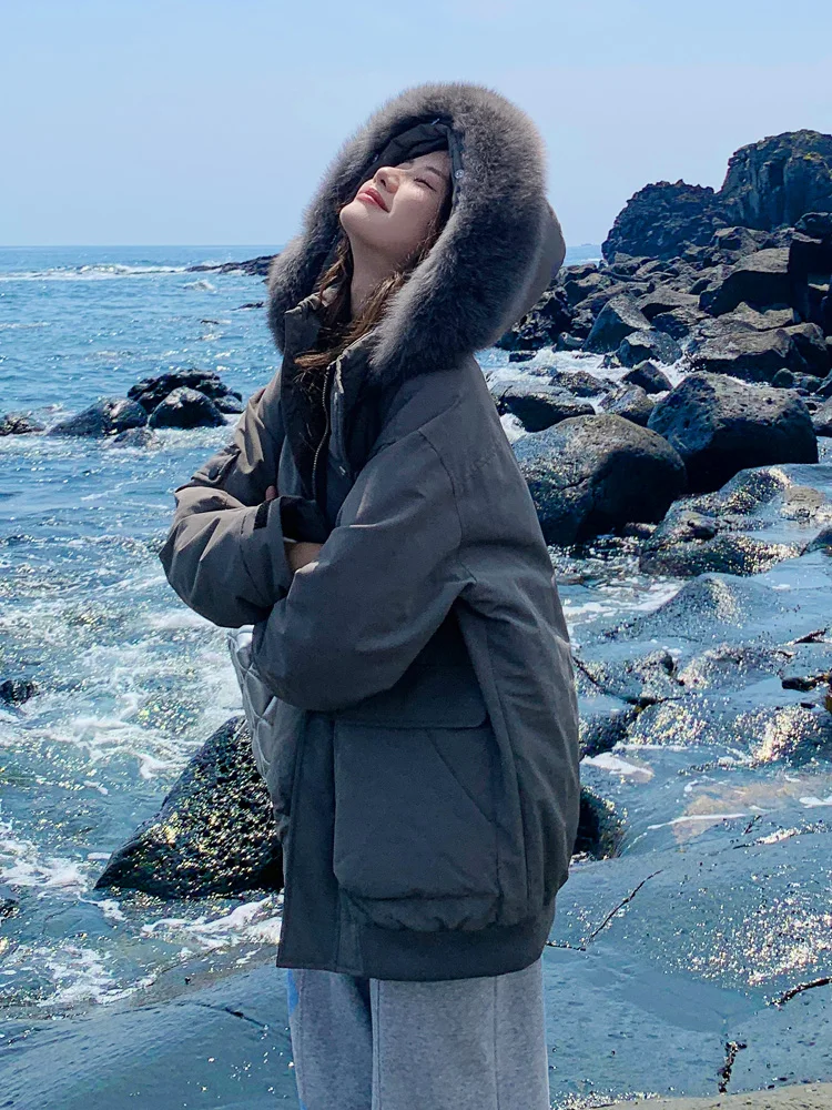 

Women's Parka Sle down Jaet Thiened Winter Coat Korean Sle Straight Cut Cotton Polyester Zipper ket Button Long Sl...