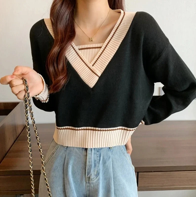 Suéteres femininos com decote em V, pulôveres cortados de retalhos, moda coreana solta