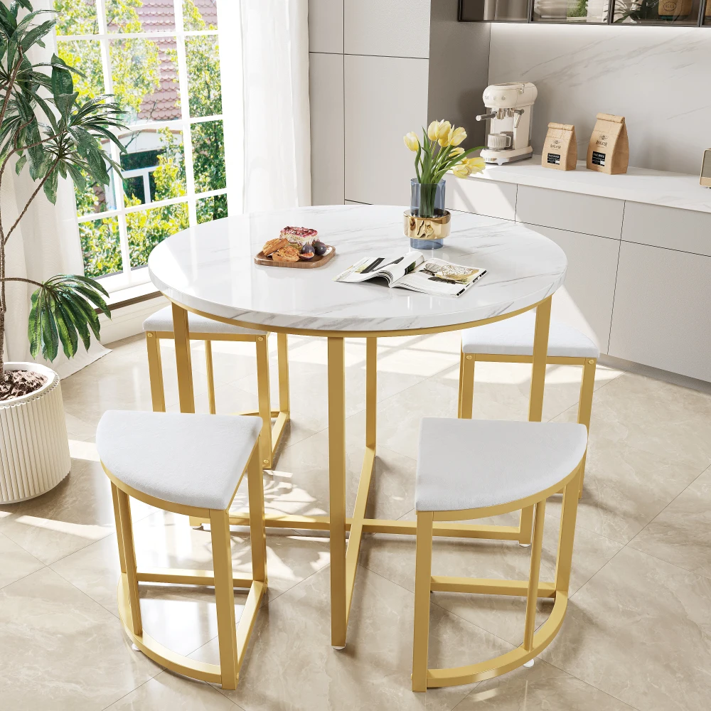 PINGGO Weißes Esstisch-Set mit 4 Samtstühlen, MDF-Tischplatte, vergoldeter Eisenrahmen, moderne Luxusmöbel für die Küche – Detail 3