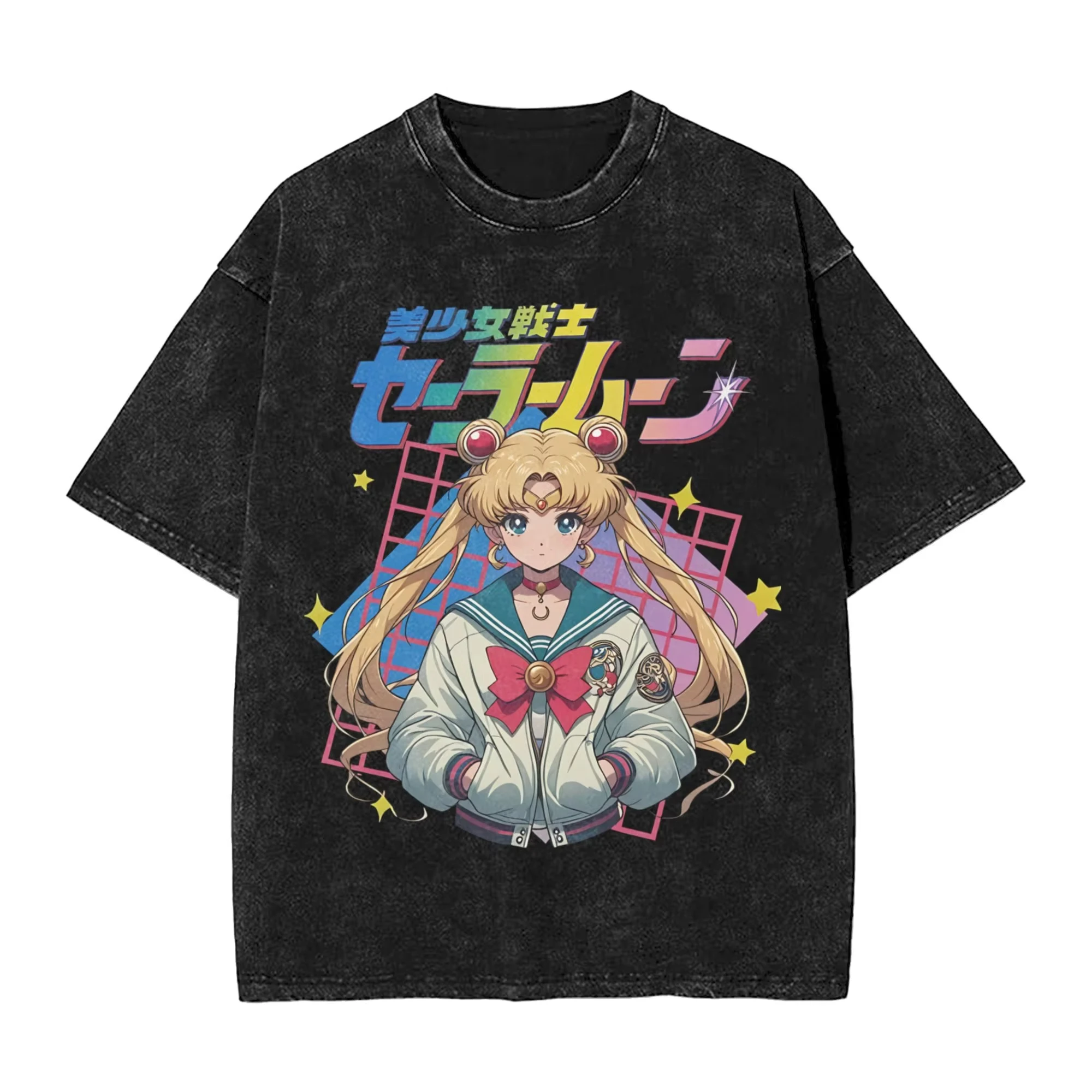 

Футболка с графическим принтом «Сейлор Мун» из стираного хлопка, уличная одежда унисекс, винтажная потертая футболка большого размера с короткими рукавами