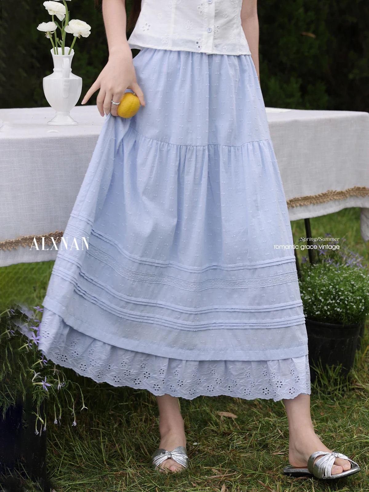ALXNAN Women's Long Skirt Blue Elegant A-line Midi Skirt 2025 Summer High-waist Loose-fit Casual Patchwork Ladies Clothes L55612