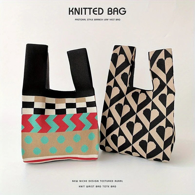 Bolso de mano práctico, tejido de lunares bloqueados en color, Asa de un solo hombro, versátil y de gran capacidad