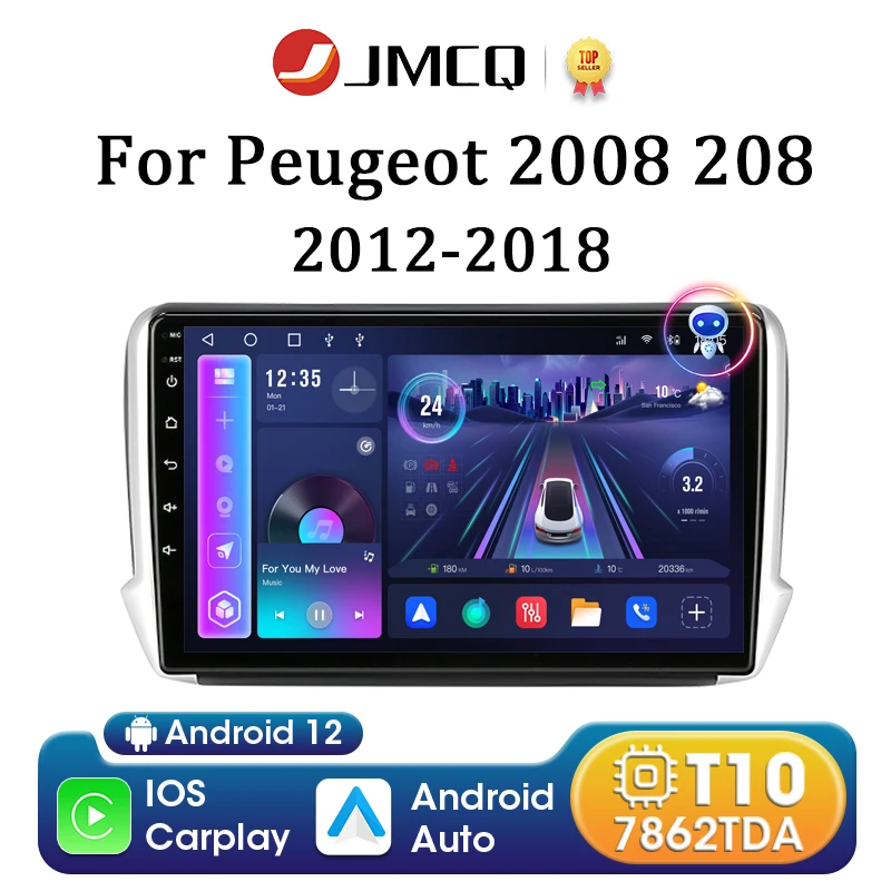 

JMCQ 2 Din Android 12 Car Radio for Peugeot 2008 208 2012 - 2018 Multimedia Video Player Carplay Auto Stereo GPS DVD Head Unit