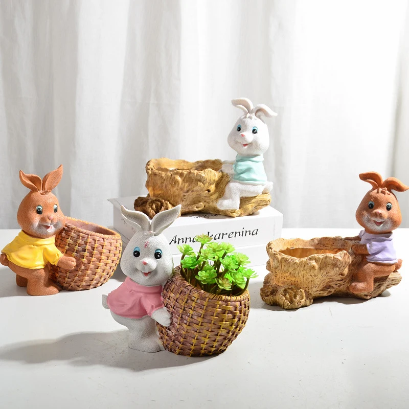 Natural Style Bear Rabbit Figurine Resin Cartoon Bunny Statue Flowerpot With Drainage Holes Retro Cute Animal Flowerpot