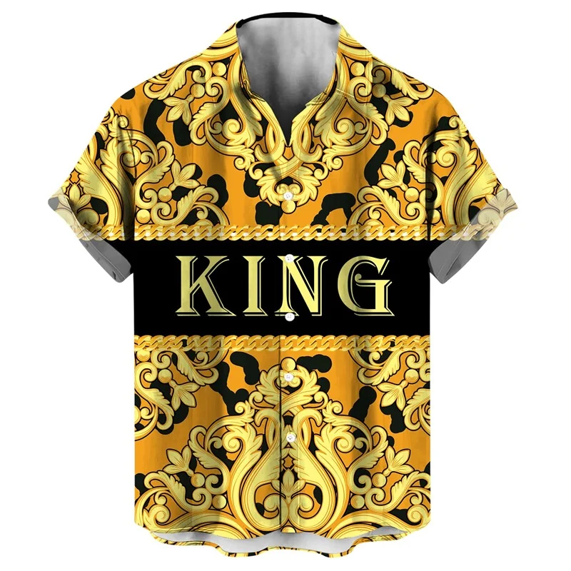 

3D Full Print Graphic Novelty Queen And King Button Down Shirts For Men Funny Gold And Black Graphic Hawaiian Shirt Mens Tee Top