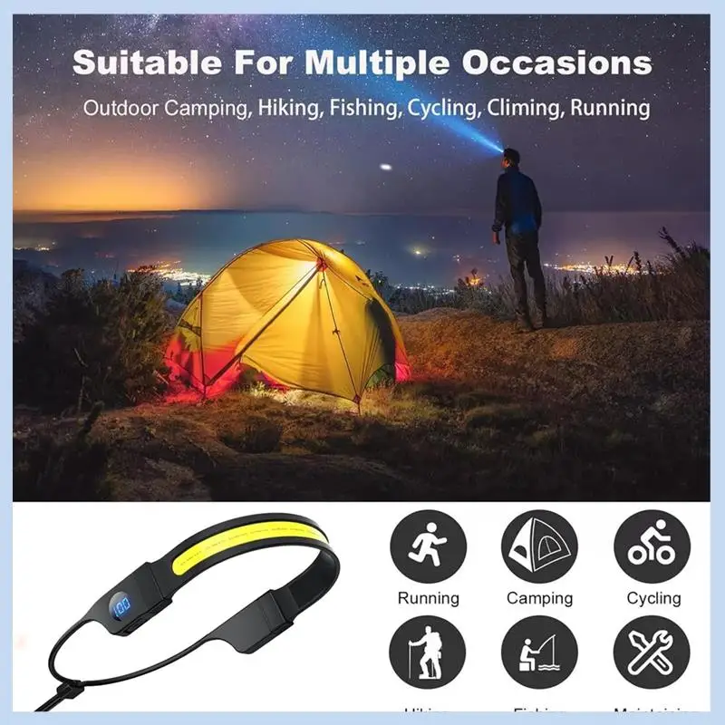 AS63-LED COB Headlamp Light USB Rechargeable Head Torch Digital Power Dispaly Headlight For Camping Walking Fishing Hiking