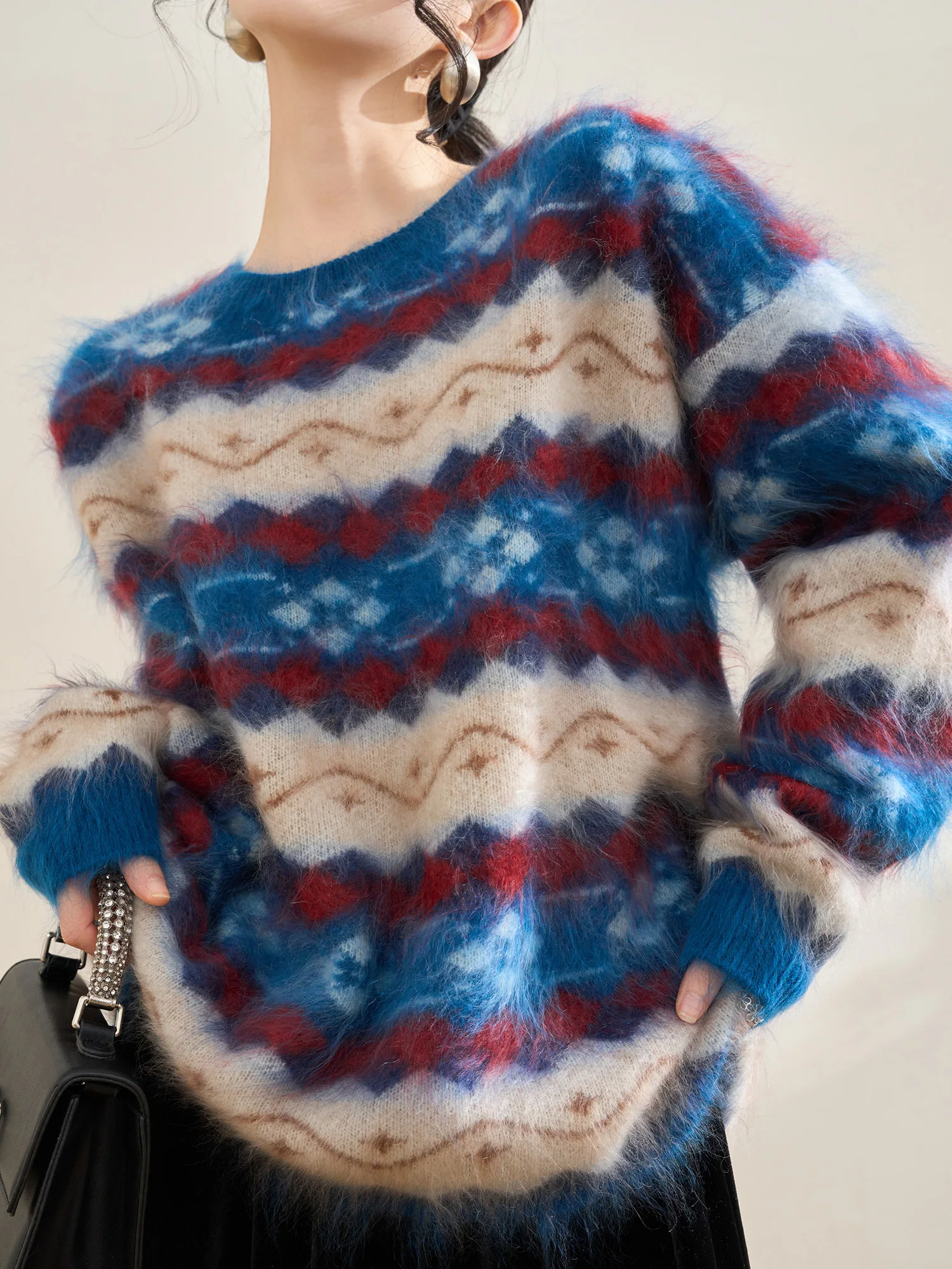 

Вязаный свитер Flowing Era в винтажном стиле, с узором Fair Isle, круглой горловиной, новый женский удлиненный свитер-накидка