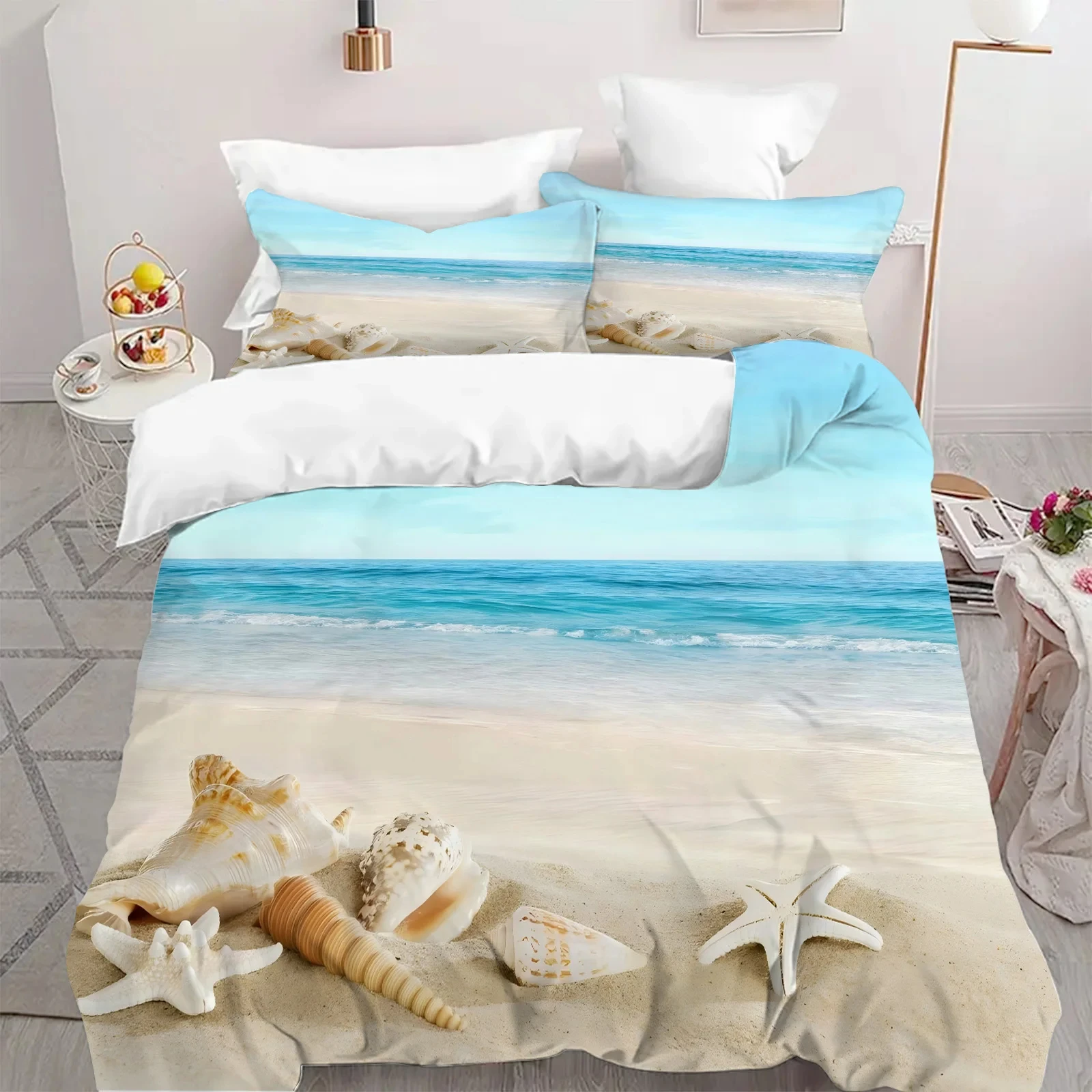 

Морская морская звезда Раковина Пляжный принт Пододеяльник Наволочка Летний комплект постельного белья в гавайском тропическом стиле Мягкий и удобный
