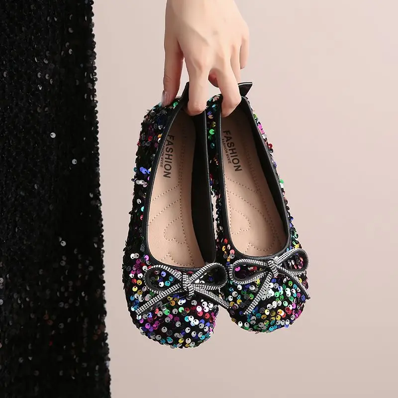Korean Style Spring Autumn Women's Sequins Flat Shoes 2026 New  Girls Bling Single Shoes Female Soft Bottom Casual Shoes 36-42