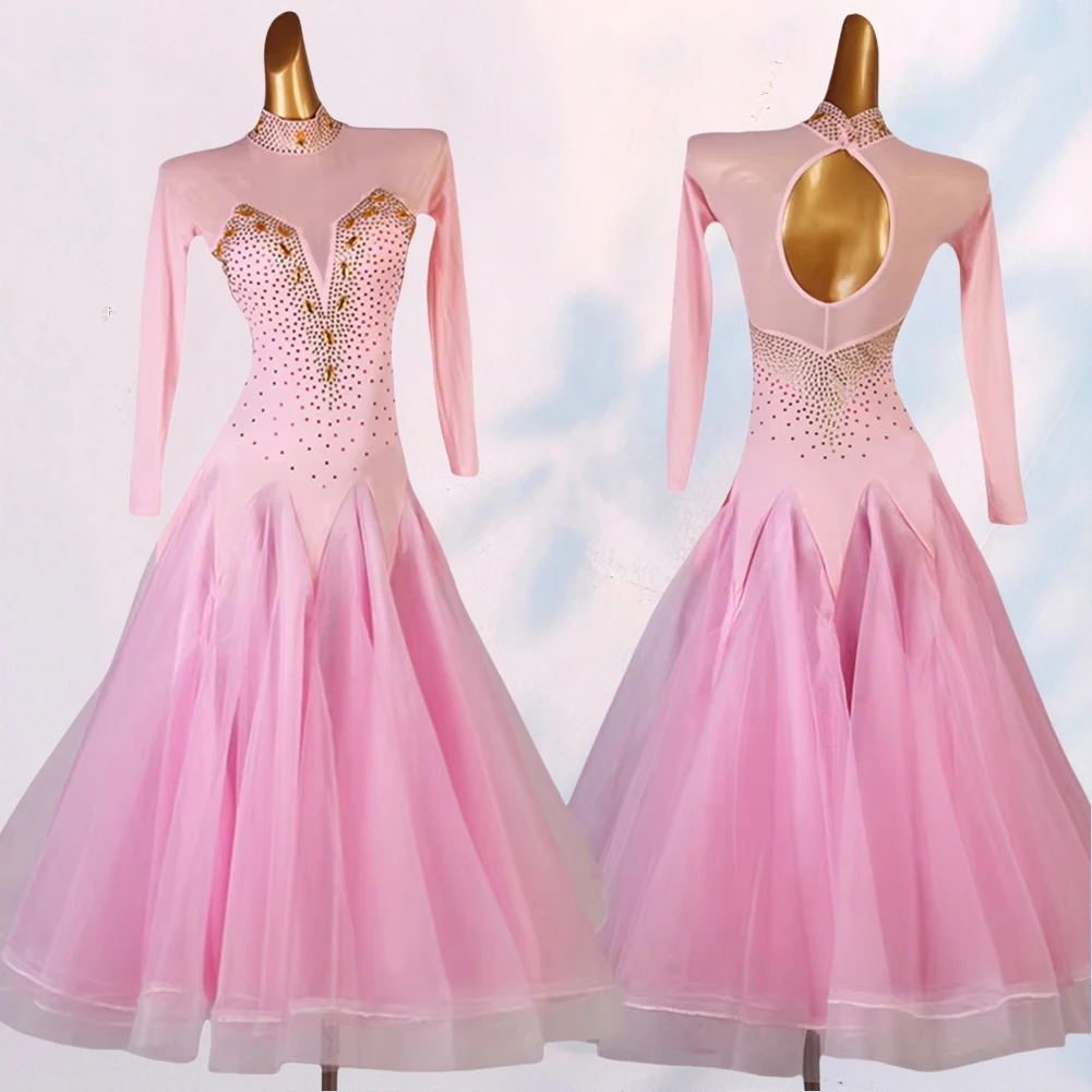 

New Team Performance Dress Pink Ballroom Dance Standard Long Sleeve Waltz Dark Green High Collar Black Practice Royal Blue Dress