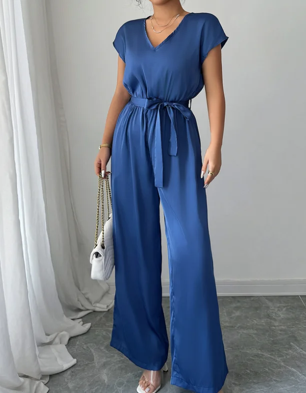 

Simple and fashionable style deep V high-end wide leg jumpsuit for summer 2025 new women's clothing