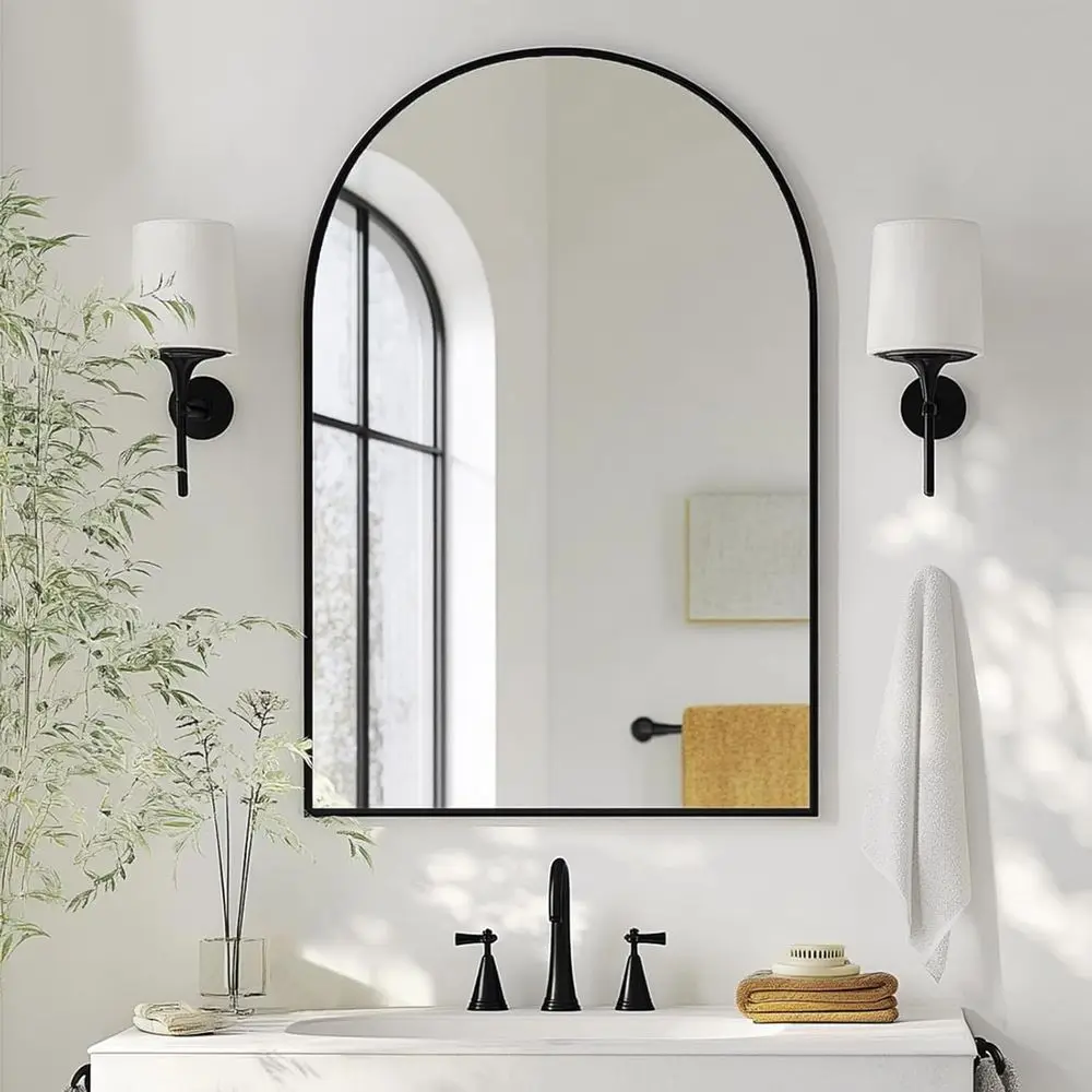 Elegant 20x30 Black Arched Mirror with Metal Frame for Bathroom, Hallway, and Bedroom