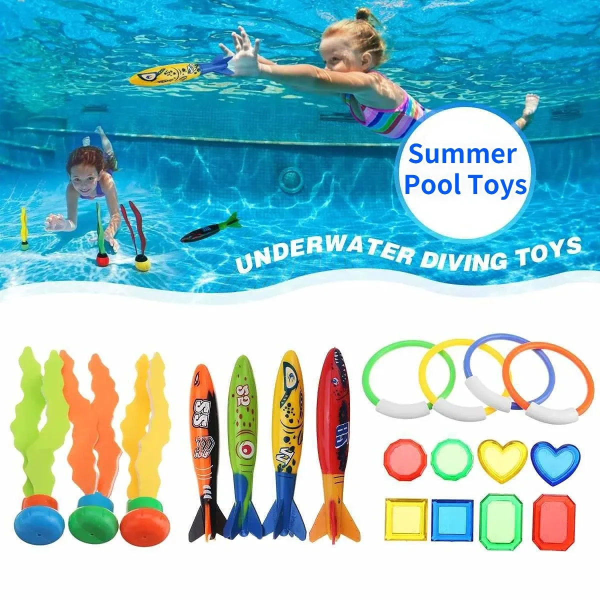 Children's Summer Pool Toys Shark Rocket Throwing Toys Pool Diving Water Fun Games Baby Educational Bath Toys Gifts