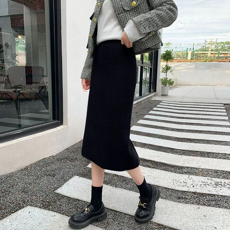 Korean Style Basic Office Lady Pencil Skirt Fashion Slim Fit Split Black Knit Midi Skirt Autumn Winter Bodycon One Step Skirts