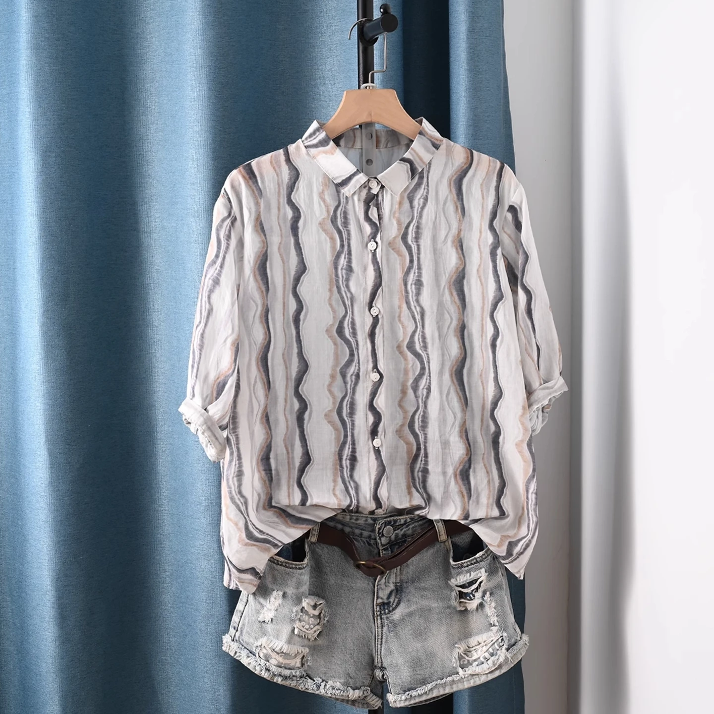 

100% Ramie wavy line shirts and blouses for women summer autumn breathable half sleeve tops ladies clothes