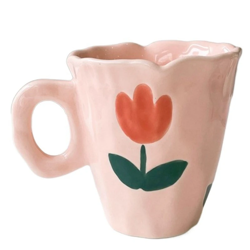 

Handmade Ceramic Mugs Hand Painted Tulip And Cloud Irregular Coffee Cup For Tea Milk Creative Gifts Cup