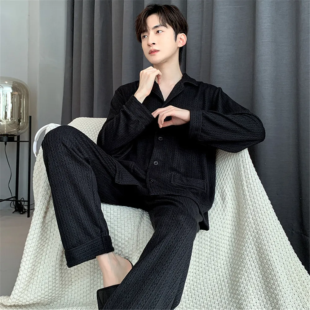 Knitted Sleepwear Set for Men Long Sleeve Cardigan Long Pants Casual Comfortable Spring Autumn Japanese Style Home