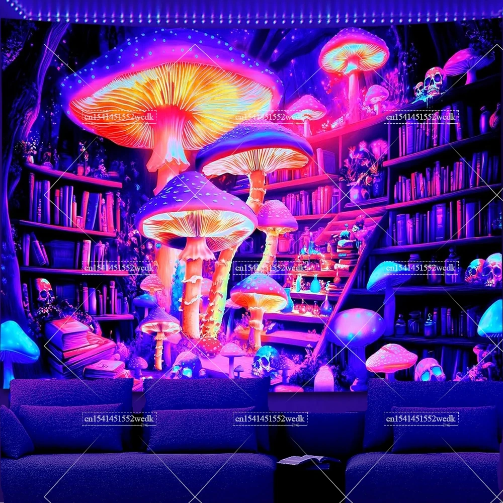 Glowing Bookshelf Blacklight Tapestry UV Reactive Mushroom S