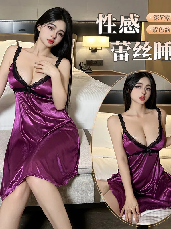 Sexy Pajamas V Neck Pure Desire Style Camisole Nightgown, Lace Thin Summer Silk Nightgown Dress Elegant Sweet Korean Women ULF7