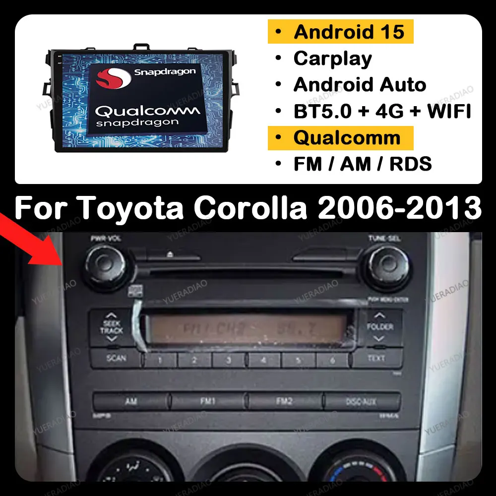 

Android 15 Carplay Auto Car Radio For Toyota Corolla E140 E150 2006 2007 - 2013 Multimedia Video Player Ai Voice 4G WIFI GPS DSP