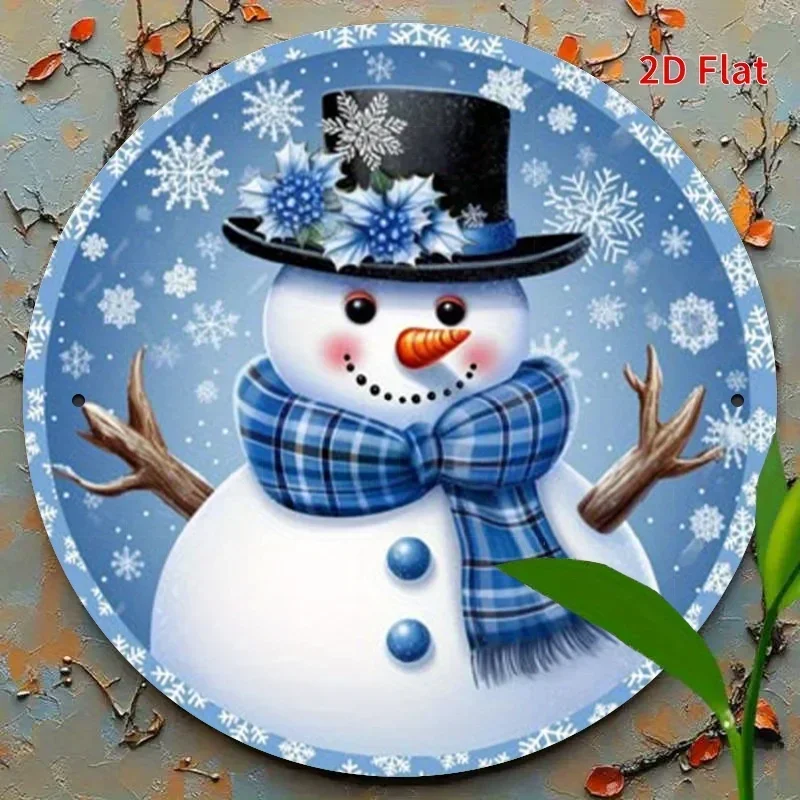 مسطح ثنائي الأبعاد، طباعة مسطحة ثنائية الأبعاد، لوحة فنية جدارية معدنية ملهمة عتيقة - رجل ثلج شتوي أزرق مع قبعة ووشاح زهور #4