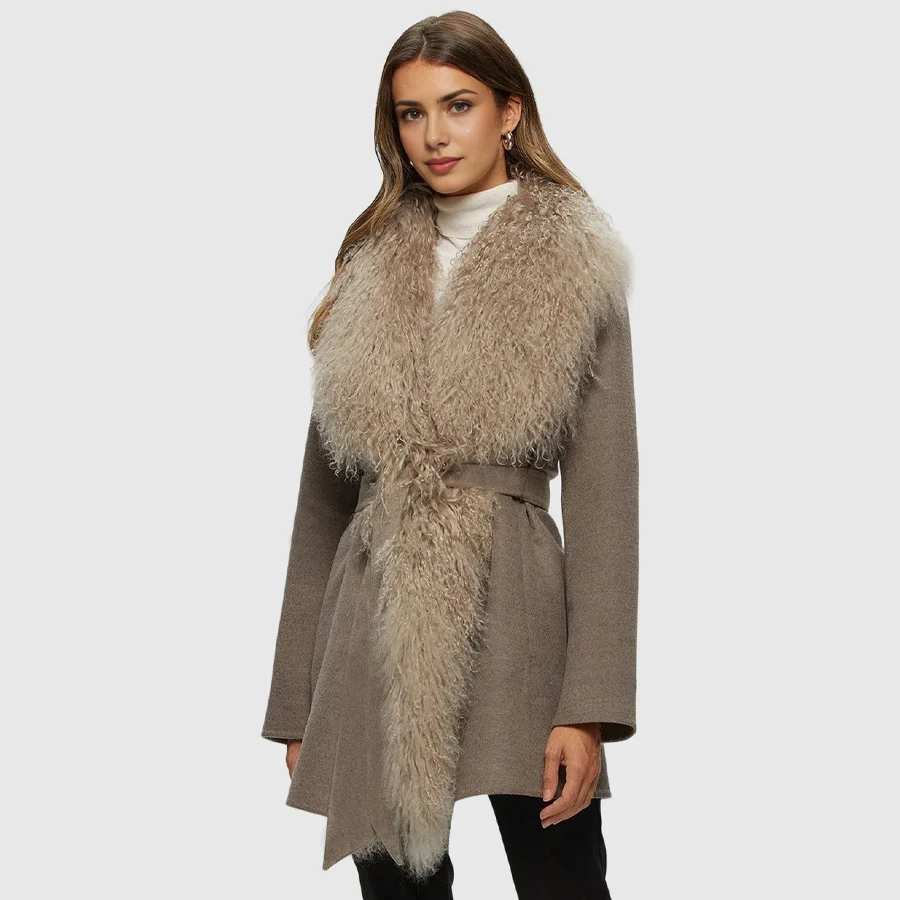 

Short Cashmere Wool Jacket With Lamb Fur Collar Natural Mongolian Fur Jacket Winter Coat For Women Luxury Wool Blend Jacket