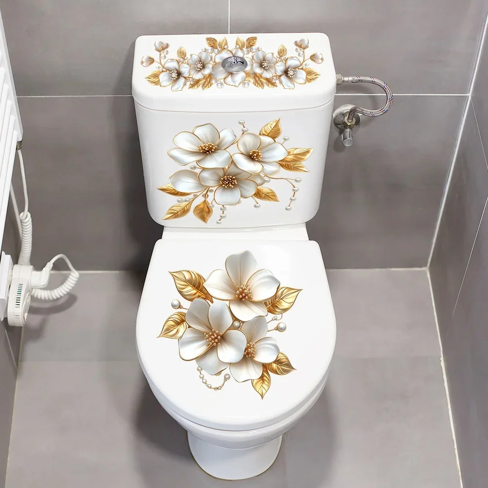 Gold Foil Magnolia Sticker for Toilet Surround Decoration PVC Self-Adhesive Wall Decal Compatible with Glass Tile and Metal