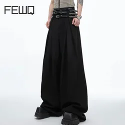 FEWQ Draping Pleated Waist Belt Design Pants Advanced Loose High Waist Straight Leg Casual 2024 Darkwear Male Trousers 24X9228