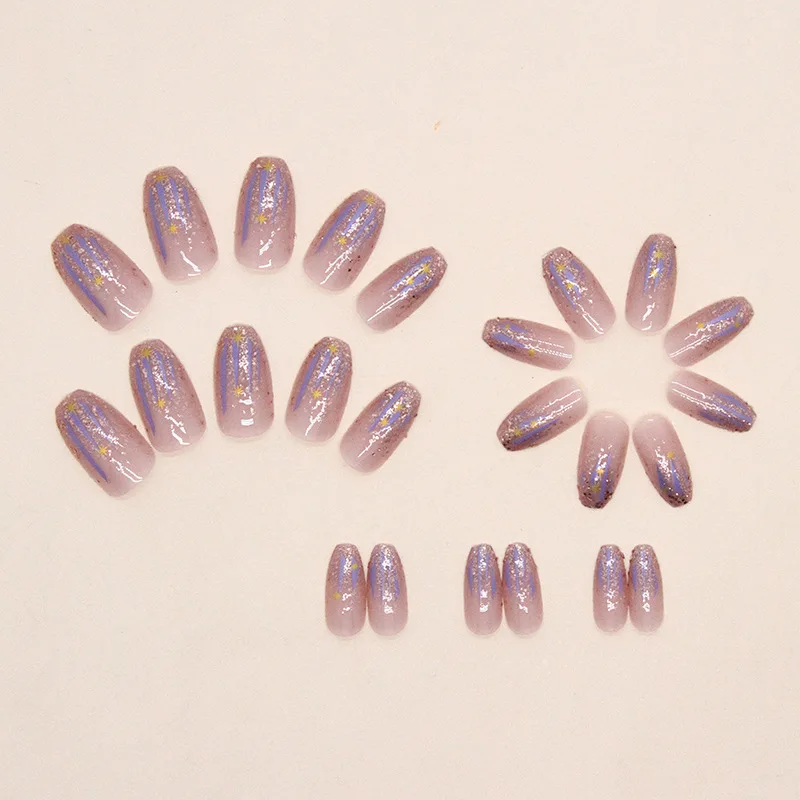 

24pcs Holographic Purple Glitter Press-On Nails - Aurora Starry Meteor & Galactic Glimmer Medium Square False Nails