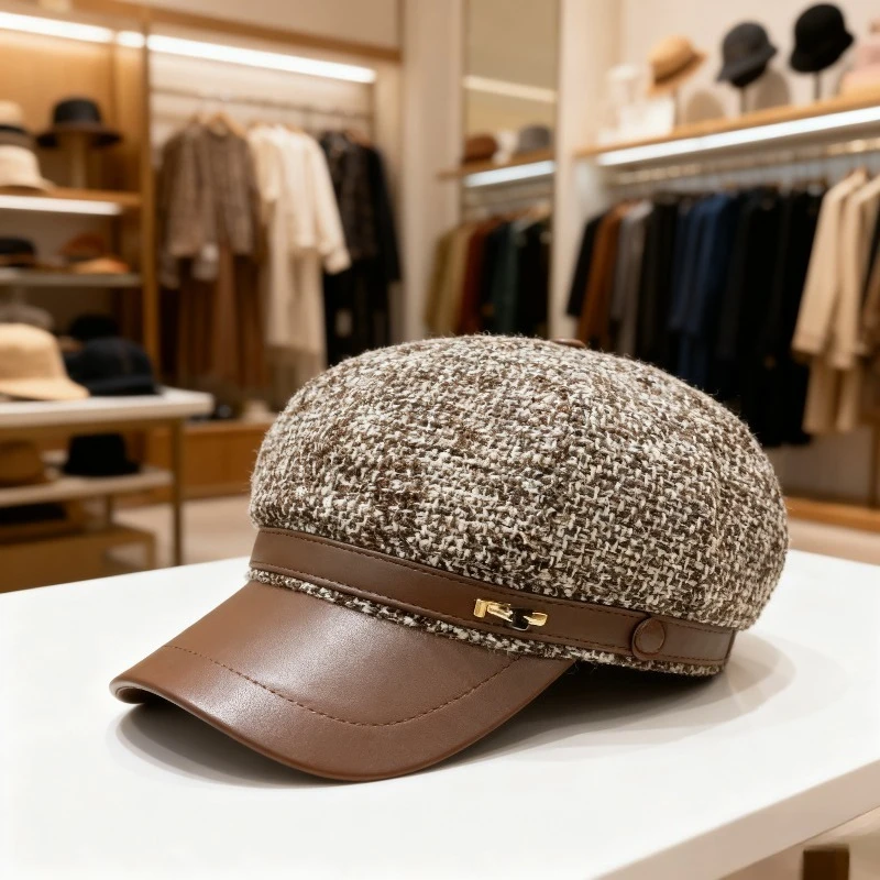 ​ ​ جديد وصول ضوء الفاخرة الترتر قبعة البيريه النسخة الكورية houndstooth جلدية حافة مكافحة الشيخوخة الرسام البحرية قبعة للنساء ​ ​