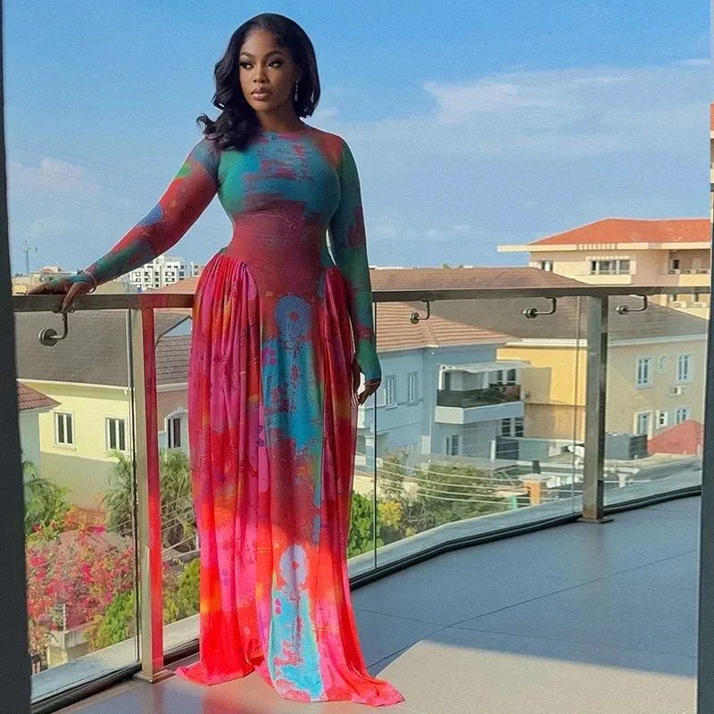 

Women's Paintings Print O-Neck Long Sleeve Waistband Pleated A-Line Long Dress