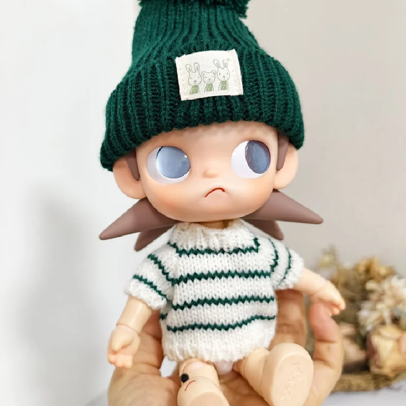 Zsiga 1/8 Scale Doll Clothes Set Dark Green Striped Knit Short Sleeve Sweater Knitted Pom Beanie Hat For Posable BJD Dolls