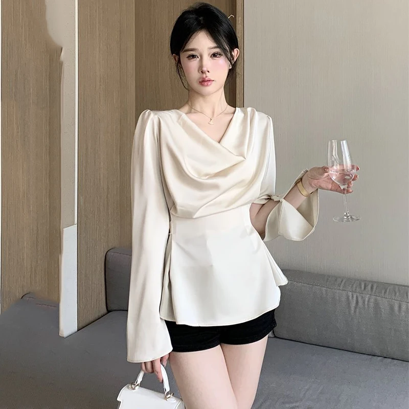 

2025 Autumn Long Sleeve Silk Satin Flared Collar Blouse for Women Cute Slim Fit Shirt Fashion Trend Beautiful Waist-Cinched Tops