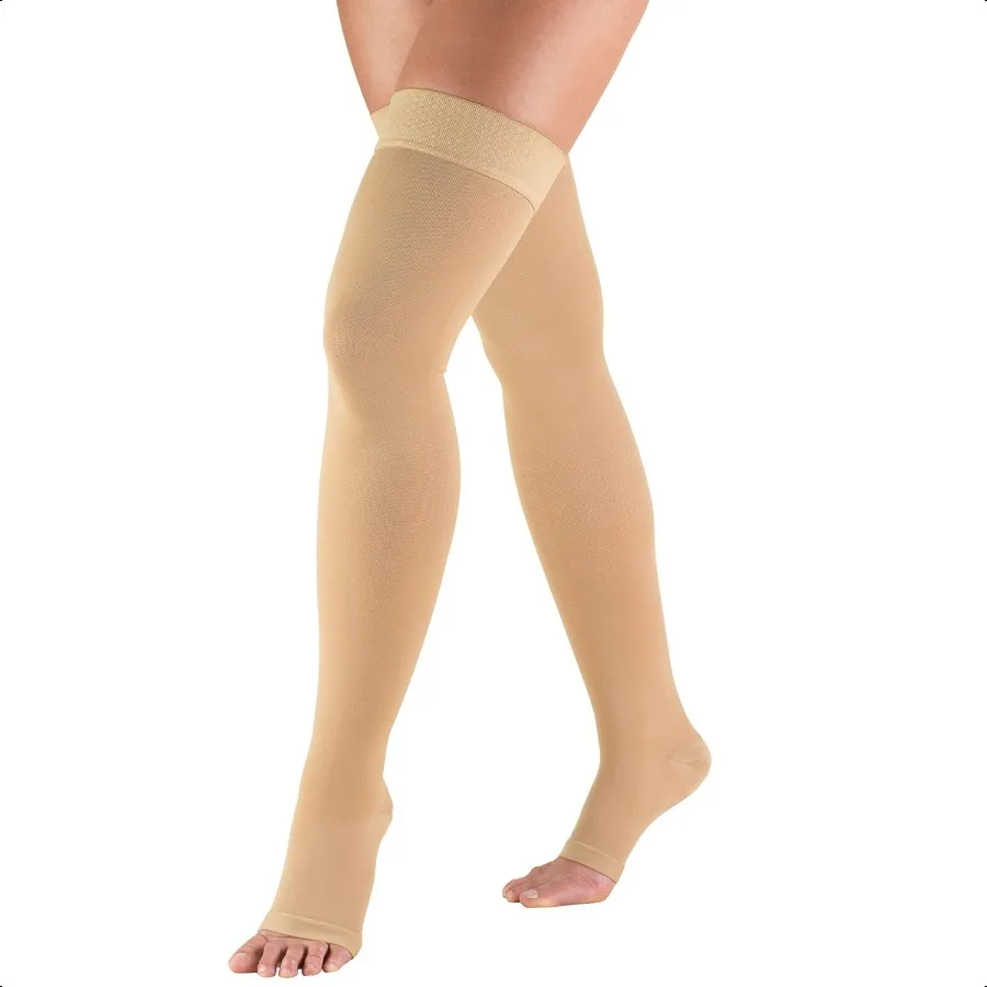 

Truform 2030 mmHg Comprion Stockings for Men and Women Thigh High Length DotTop Open Toe Beige Large