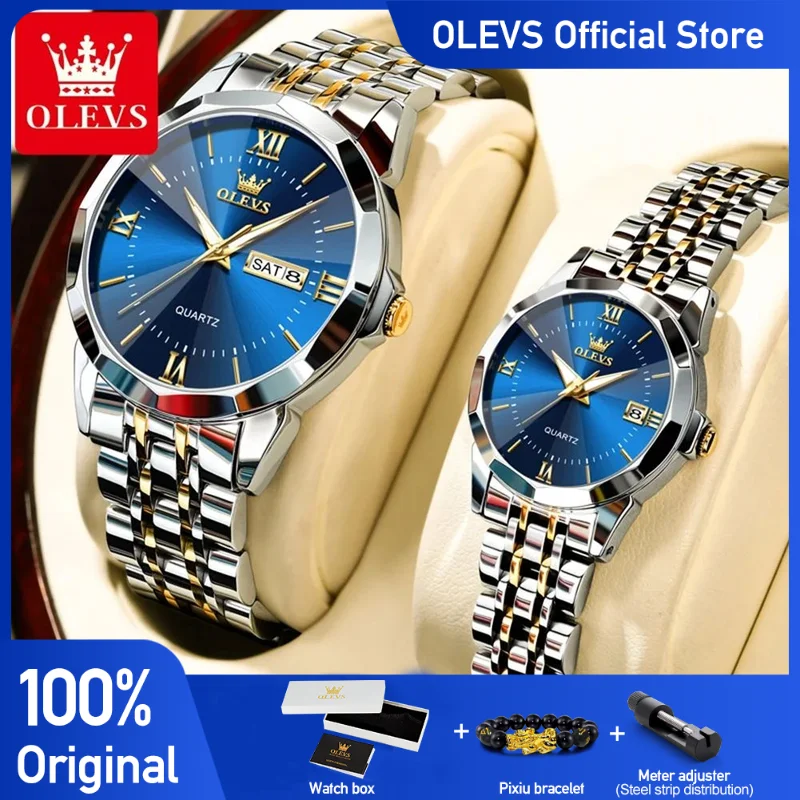 OLEVS 9989 Couple Watches Fashion Luxury Quartz Watches Rhombic Glass Waterproof Dual Calendar Display Watch For Lover Original