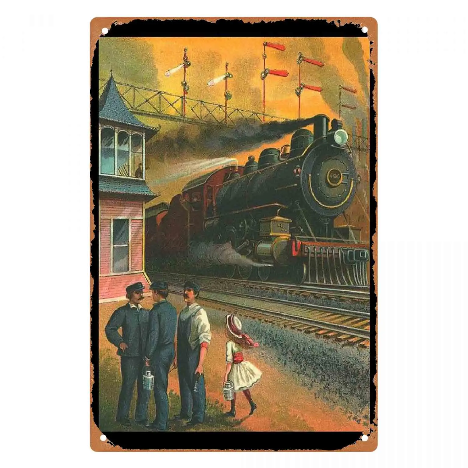 2D FLAT 1pc Vintage Steam Train Station Scene Metal Wall Sign Decoration for Home Cafe Garage Bedroom Porch And Garden
