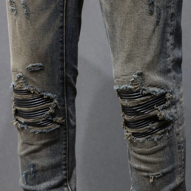 Street Fashion Men Jeans Retro Washed Stretch Skinny Fit Leather Patched Ripped Jeans Men Brand Designer Hip Hop Y2K Denim Pants