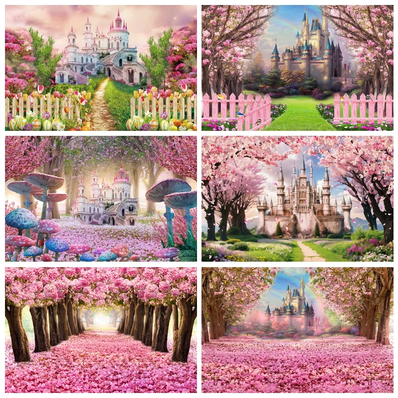 

Spring Cherry Blossom Backdrop Pink Flowers Tree Castle Photography Background Birthday Party Wedding Portrait Photo Studio Prop