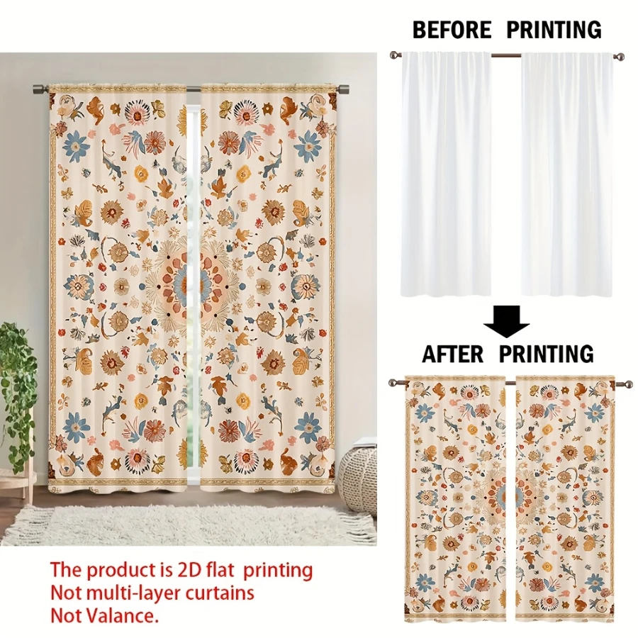 2PCS Digital Print Sheer Curtain, Bohemian Tiny Flowers, Rustic Farmhouse Window Treatment Drape for Bedroom Kitchen Decor
