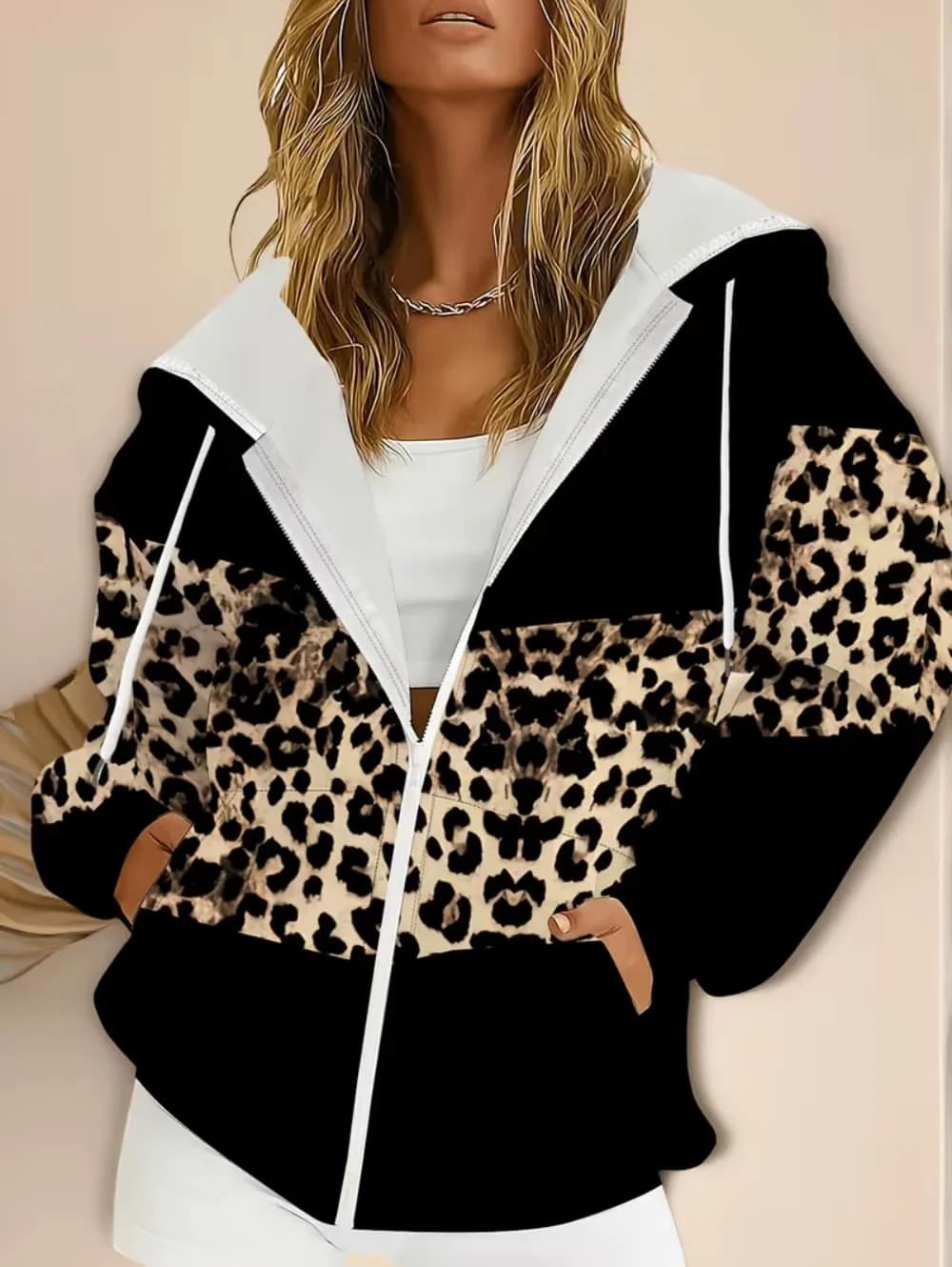 Vintage American Leopard Print Hoodies Langarm-Sweatshirt Y2k Dünne Jacke Locker Sitzender Reißverschluss-Hoodie Street Casual Damenbekleidung – Detail 6