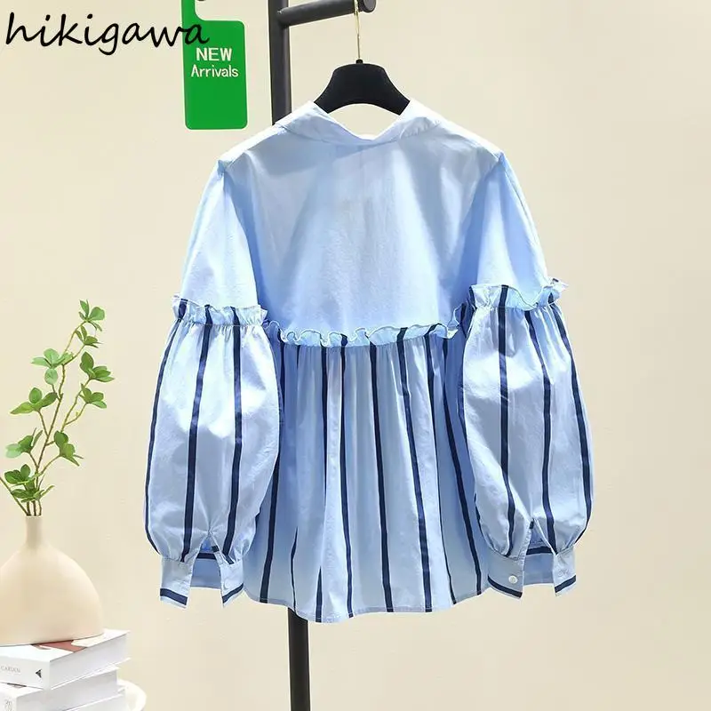 Casual Striped Shirts Women Patchwork Ruffles Sweet Korean Blouses Loose Vintage Summer Blouse Tops 2024 Blusas Mujer De Moda