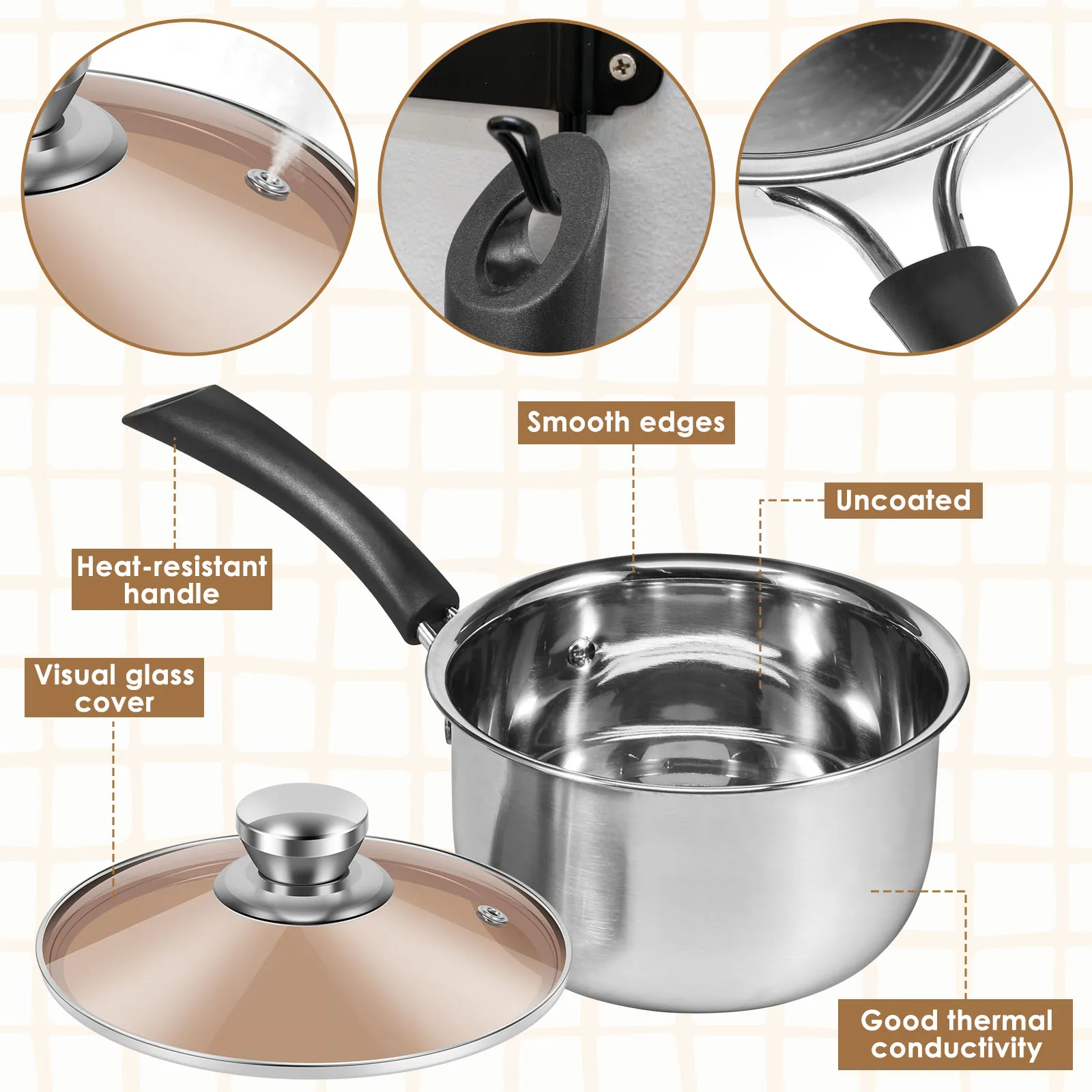 Saucepan Stainless Steel Small Sauce Pan Milk Pot with Glass Lid Heat-resisting Handle Dishwasher Safe Sauce Pot for Cooking