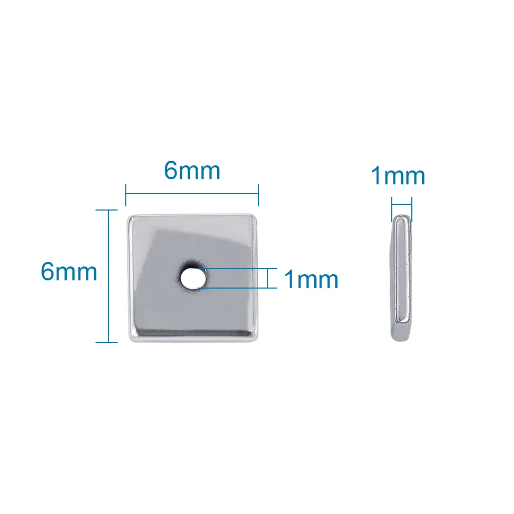 Pandahall 50개/로트 6x6x1mm 정사각형 드릴링 처리된 전기도금 비자성 합성 헤마타이트 비즈 얇은 스페이서 루즈 비즈 구멍: 1mm