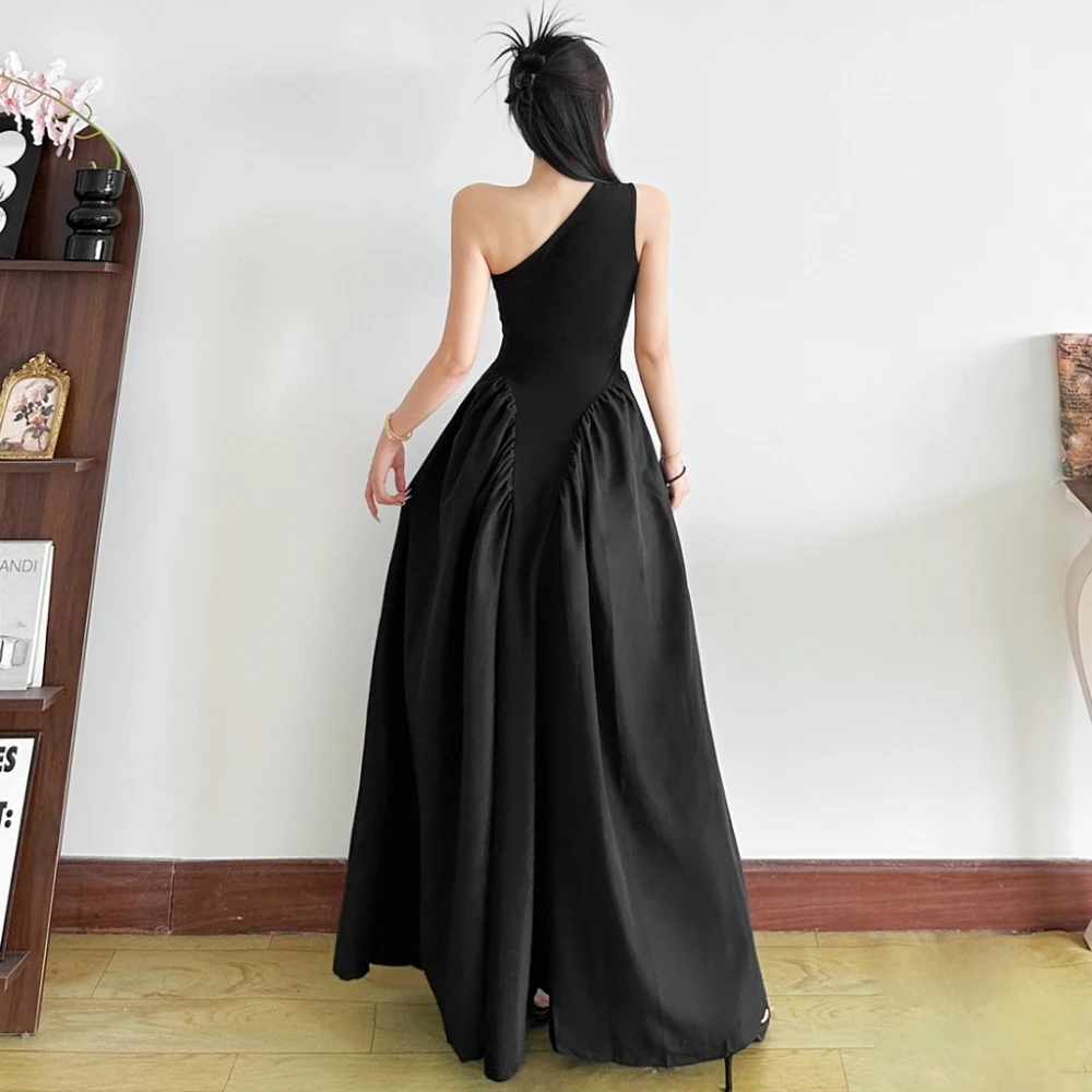 SylCue 3d Flower Decoration Long Dress Women Irregular Skew Collar Backless Sleeveless Prom Party Elegant A-Line Solid Vestidos