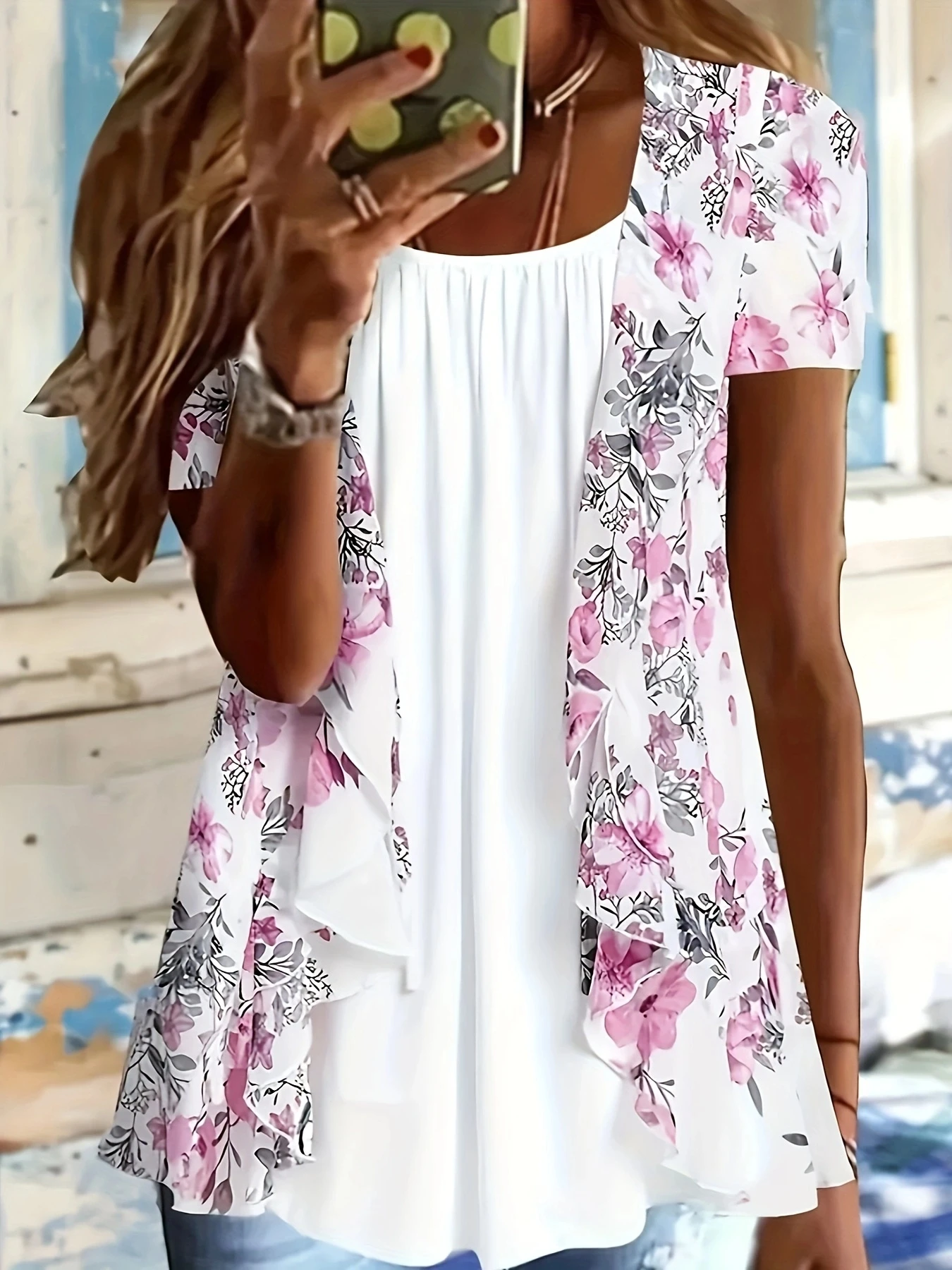 Modny patchworkowy top 2 w 1 z nadrukiem Damski letni okrągły dekolt z krótkim rękawem Lady Codziennie eleganckie koszule