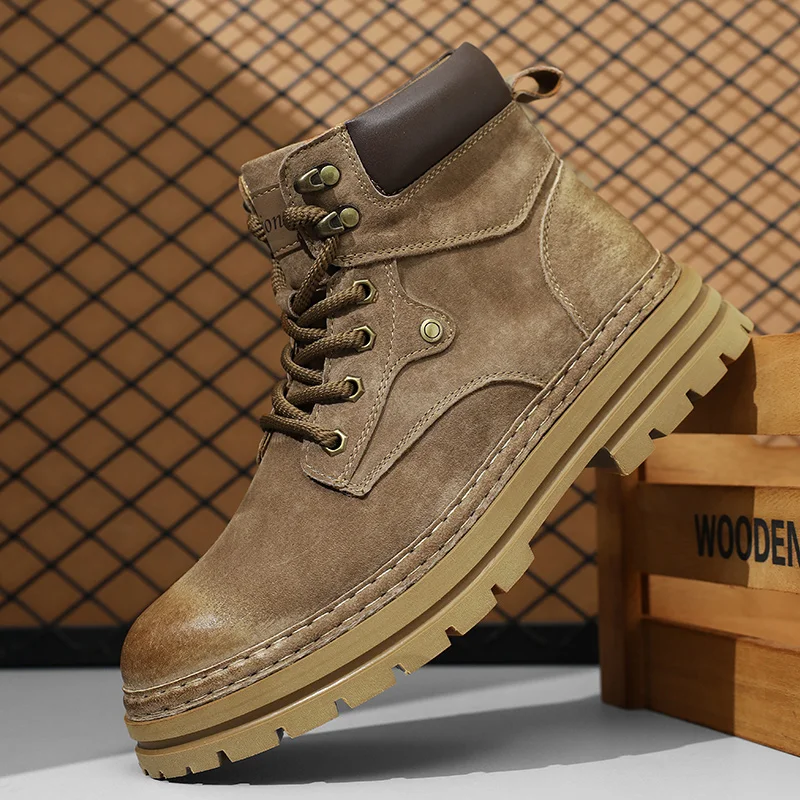 أحذية جلدية صفراء كبيرة للزوجين: أحذية رجالية جديدة لخريف وشتاء 2025، أحذية قصيرة على الطراز البريطاني، نعل سميك عالي الجودة #3