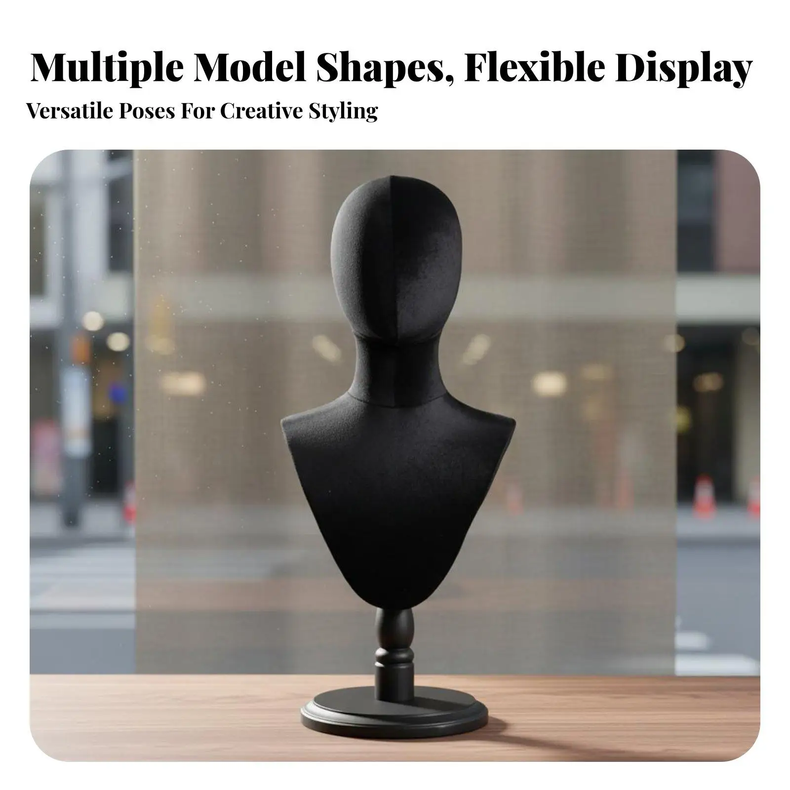 Black Velvet Display Mannequin Head with Base for Necklace Scarf Hat Showcase Pin Able Bust for Boutique Photography Styling