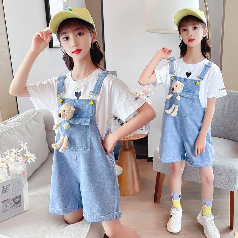 3-10 Years Girls Suspender Jeans Cute Bear Doll Overalls New Fashion Korean Teenage Girls Denim Shorts Children Birthday Present