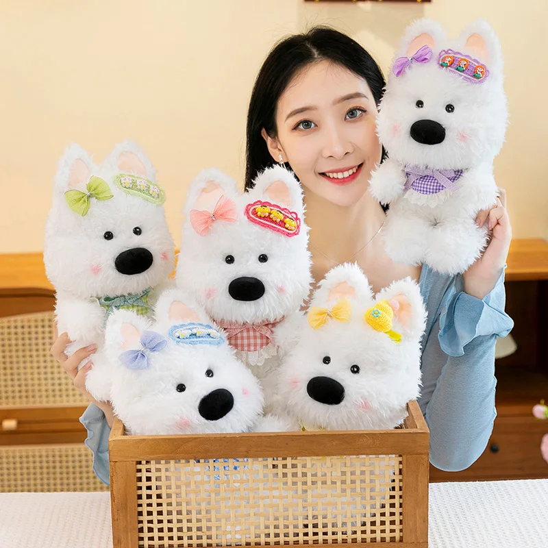 Lovely Fluffly White West Highland Dog Plush Toy Soft Stuffed Animal Cute Stray hair Big Nose Puppy Baby Appease Doll Girls Gift